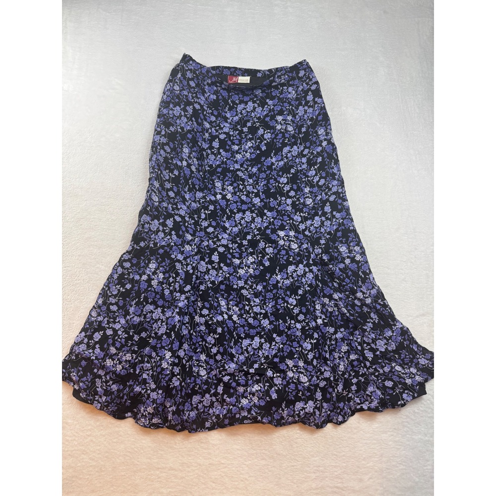 JM Collection Petite Floral‎ Midi Skirt Black Purple Rayon A-Line Size 8P